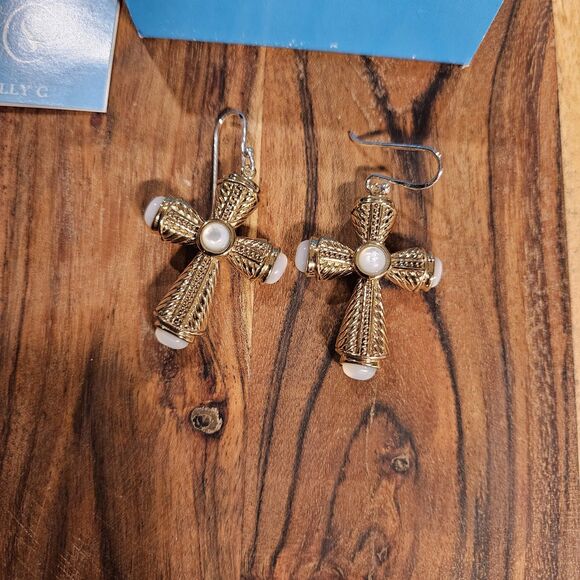 Sally C Treasures Cross Gold Tone Earrings Sterling Silver 925 - Picture 4 of 6